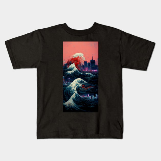 Great Wave Destroys Tokyo Kids T-Shirt by DarkAgeArt